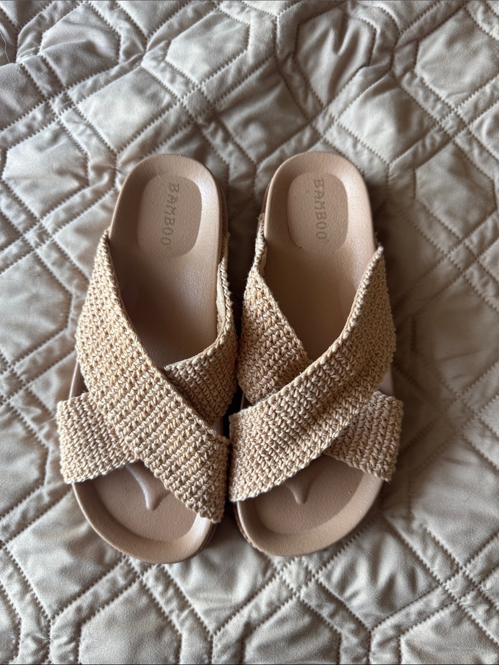 BAMBOO Natural Tan Crochet Cross-Band Slide Sandals
